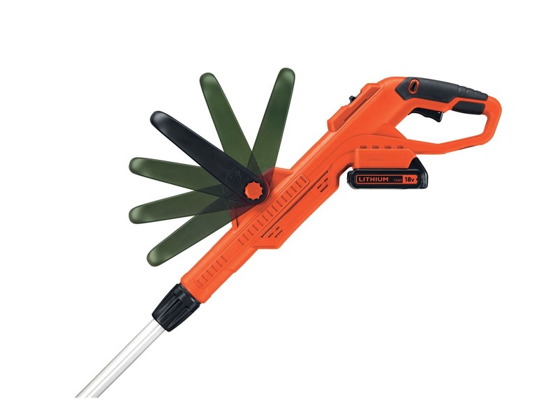 Ein orange-schwarzer Akku-Rasentrimmer mit austauschbarem Akku.