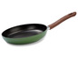 Eine grüne Bratpfanne mit einem Holzgriff.