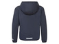 Eine dunkelblaue Windjacke mit Kapuze.