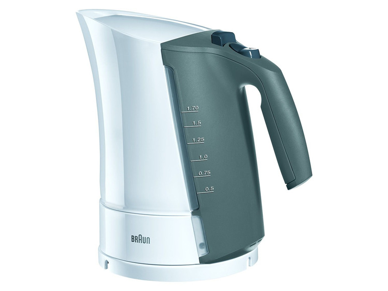 Ein weißer Braun Wasserkocher mit einem grauen Griff.