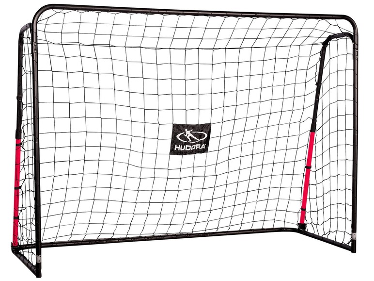 Ein schwarzes Fußballtor mit roten Akzenten, Marke Hudora.