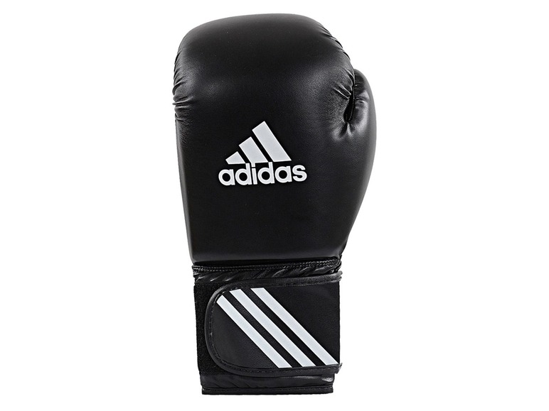 Schwarze Adidas Boxhandschuhe mit weißen Streifen.