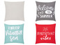 Vier Kissen mit sommerlichen Sprüchen: 'Welcome to Summer', 'I Need Vitamin Sea', 'Summer Vibes' und ein einfarbiges Kissen.