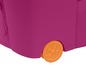 Eine rosa Aufbewahrungsbox mit orangefarbenen Rädern.