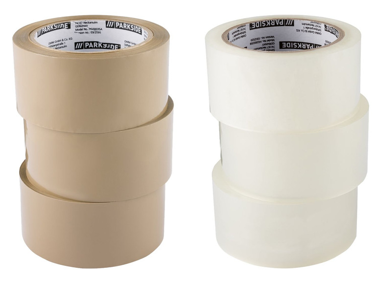 Zwei Rollen Parkside Klebeband, eine braun und eine transparent.