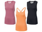 Drei Damen-Tanktops in rosa, orange und schwarz.