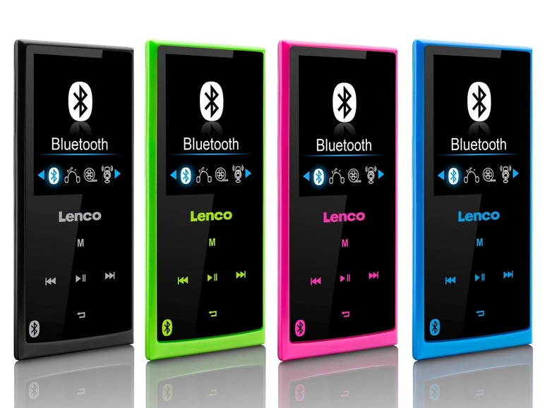 Vier Lenco Bluetooth-Musikplayer in Schwarz, Grün, Rosa und Blau.