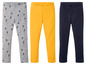 Drei Leggings: Grau mit Muster, Gelb und Dunkelblau.