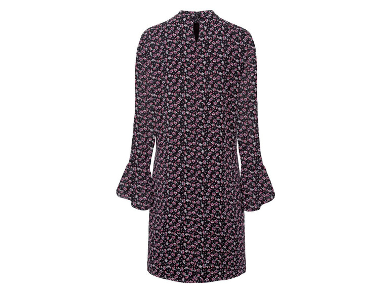 Schwarzes Kleid mit rosafarbenem Blumenmuster und langen Ärmeln.