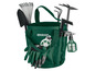 Gartenwerkzeugset in einer grünen Parkside Tragetasche mit Handschuhen, Sprühflasche, Schaufel, Harke und anderem Werkzeug.
