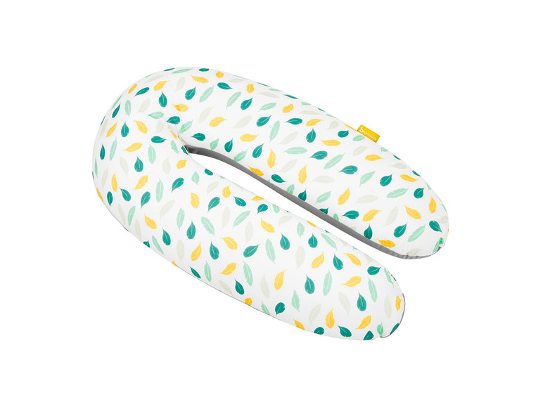 Ein weißes Schwangerschaftskissen mit grünem und gelbem Blättermuster von Beemoo.