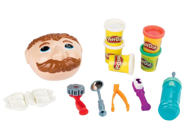 Play-Doh Spielset zum Thema Zahnarzt, inklusive Play-Doh-Dosen, Werkzeugen und einem Mundmodell.