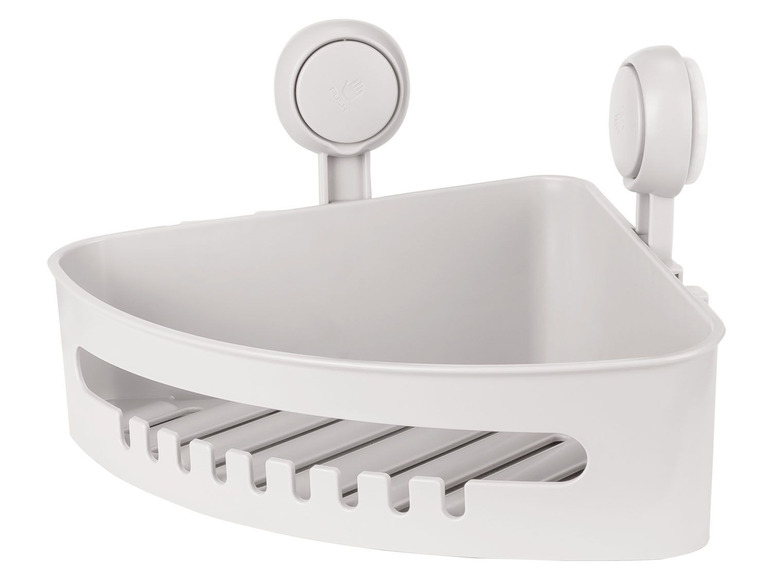 Ein weißer Eckregalboden mit Saugnäpfen für das Badezimmer.