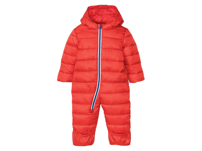 Ein roter Winteroverall mit Kapuze für Babys.