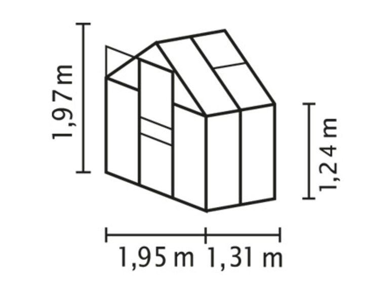 Ein Schema eines Gewächshauses mit Abmessungen.