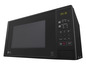 Ein schwarzer LG-Mikrowellenherd mit digitalem Display und Knöpfen für automatische Koch- und Auftaufunktionen.