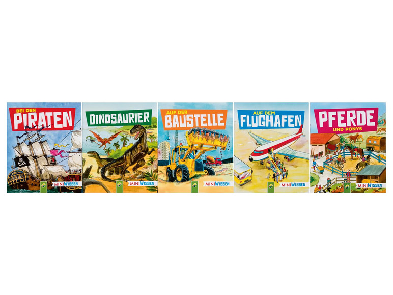 Bücher über Piraten, Dinosaurier, Baustellen, Flughäfen und Pferde.