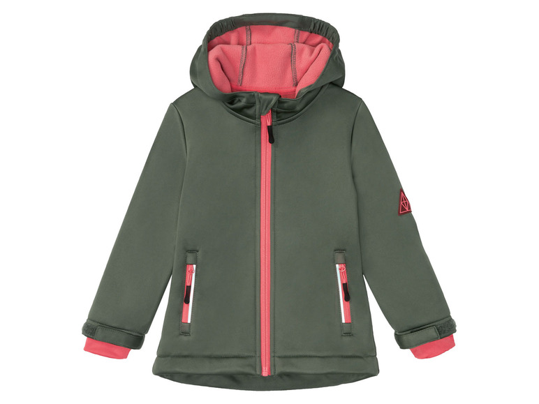 Grüne Softshelljacke mit Kapuze und rosa Akzenten