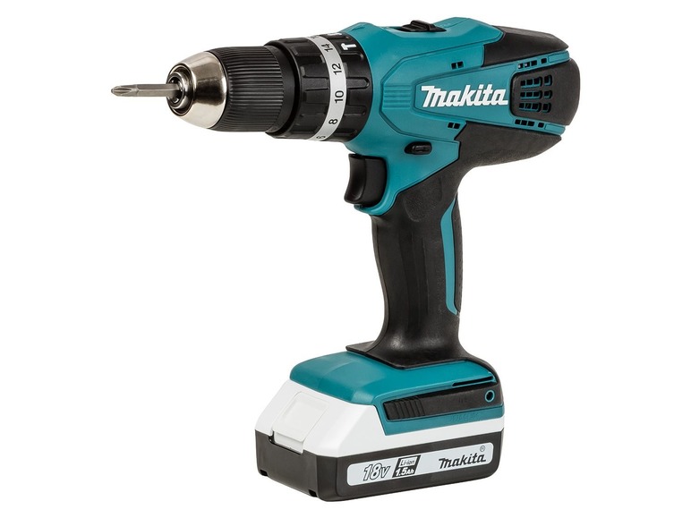 Ein blauer Makita Akku-Bohrschrauber mit 18V Akku.