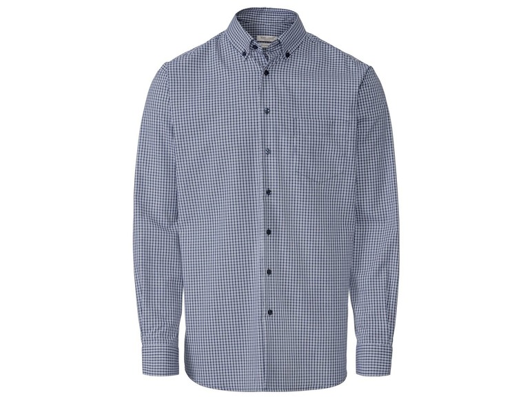 Ein blaues, kariertes Hemd mit langen Ärmeln.