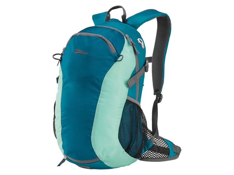 Ein türkisfarbener Rucksack mit einem Netz-Seitentasche.