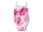 Ein rosa Baby-Bodysuit mit einem tropischen Palmblatt-Muster.