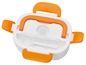 Eine weiße Lunchbox mit orangefarbenen Griffen und Besteck.