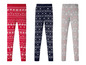 Drei Paar Leggings mit Weihnachtsmotiven: Rot mit Rentieren, Blau mit Herzen und Grau mit Schneeflocken.
