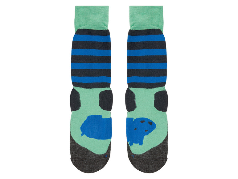 Zwei Paar grüne Socken mit blauen Streifen und einer Tierfigur.