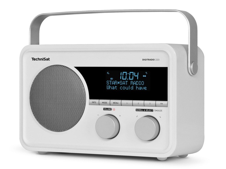 Ein weißes TechniSat DIGITRADIO 220 Radio mit Antenne.