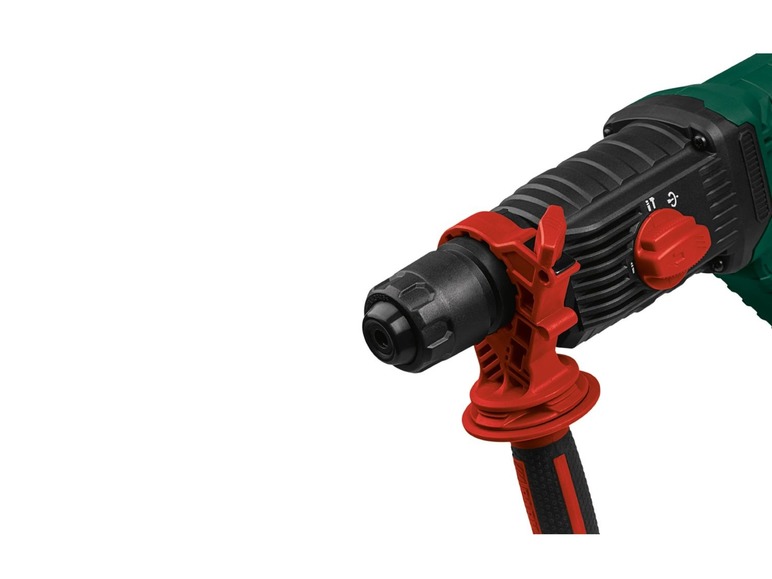 Ein grüner und schwarzer Bohrhammer mit rotem Griff.
