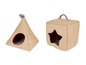 Zwei Haustierbetten aus Jute, ein Zeltförmiges und ein Quadratisches mit sternförmigem Loch.