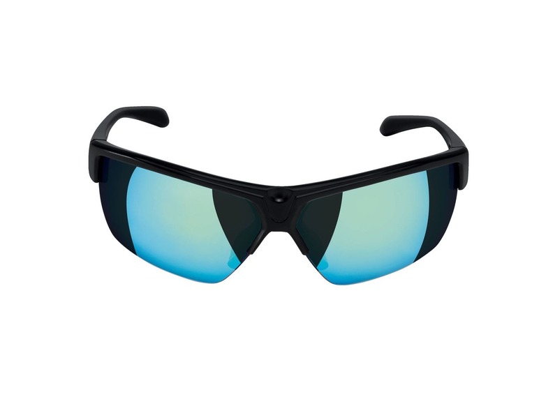Schwarze Sonnenbrille mit blauen verspiegelten Gläsern.