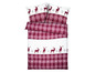 Bettwäsche mit rotem und weißem Karomuster und Rentieren.