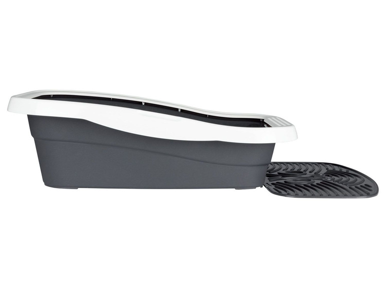 Eine graue Katzentoilette mit weißem Rand und einer passenden Matte.