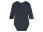 Ein dunkelblauer Baby-Body mit langen Ärmeln.