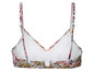 Ein weißer Bikini-Oberteil mit Blumenmuster.