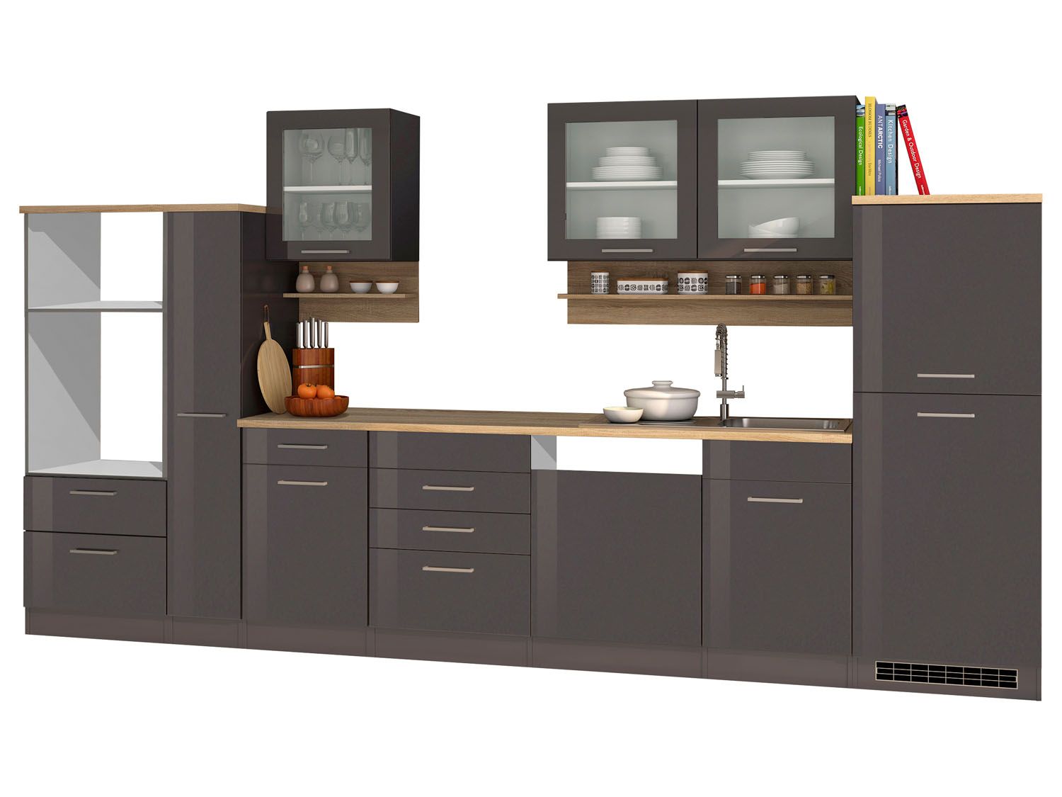 HELD Küchenzeile Mailand 220-390cm (ohne E-Geräte, Hochglanz-grau/eiche sonoma, 370 cm) | 04251639434681