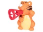 Ein orangefarbenes Tiger-Spielzeug mit einem rosafarbenen Seifenblasenbläser.