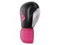 Schwarze Adidas Boxhandschuhe mit pinken Akzenten.