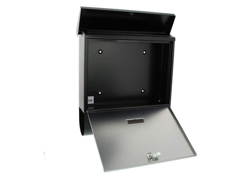 Ein schwarzer Briefkasten mit offener Klappe