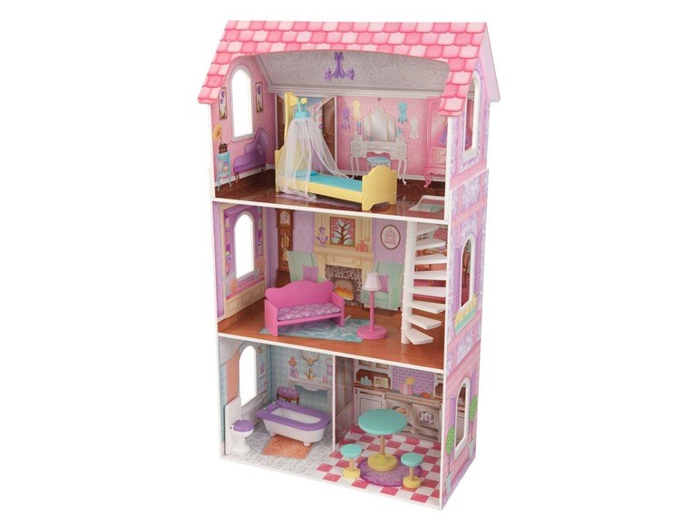 Ein rosa Holzpuppenhaus mit Schlafzimmer, Wohnzimmer, Küche und Badezimmer.