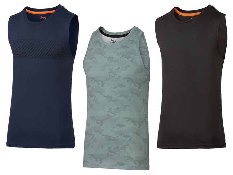 Drei Crivit Tanktops: ein blaues mit Streifen, ein Tarnmuster und ein schwarzes.