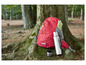 Ein Rucksack, eine Thermoskanne und eine Tasse im Wald.