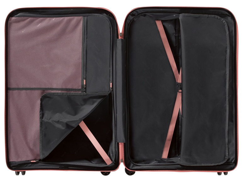 Ein rosafarbener Koffer mit offenem Fach mit Netzfächern und einem Riemen zum Befestigen von Kleidung.