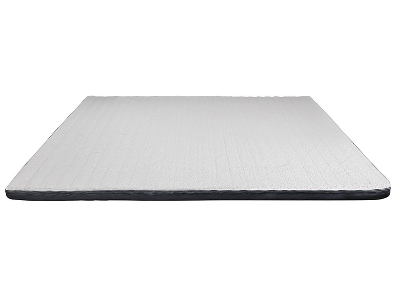 Eine weiße Matratze mit einem dunkelgrauen Rand.