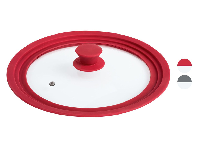 Ein roter Glasdeckel mit Silikonrand.