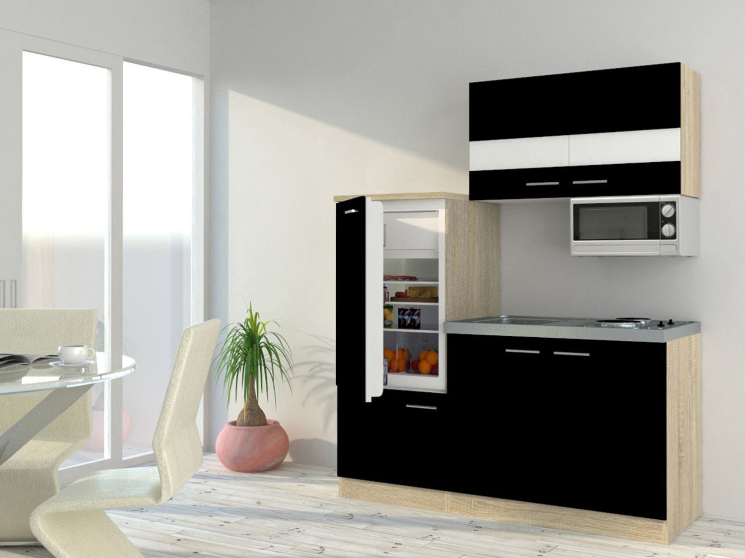 RESPEKTA Singleküche Eiche Sonoma Sägerau 150/160/180cm (mit Mikrowelle, schwarz mit Kochmulde, Breite 160cm) – Bild 2 von 4