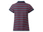 Ein dunkelblaues, gestreiftes Poloshirt mit roten und weißen Streifen.
