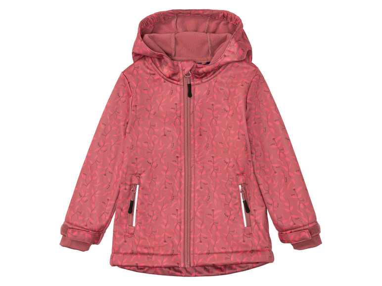 Eine rosafarbene Kinderjacke mit Kapuze und Blumenmuster.